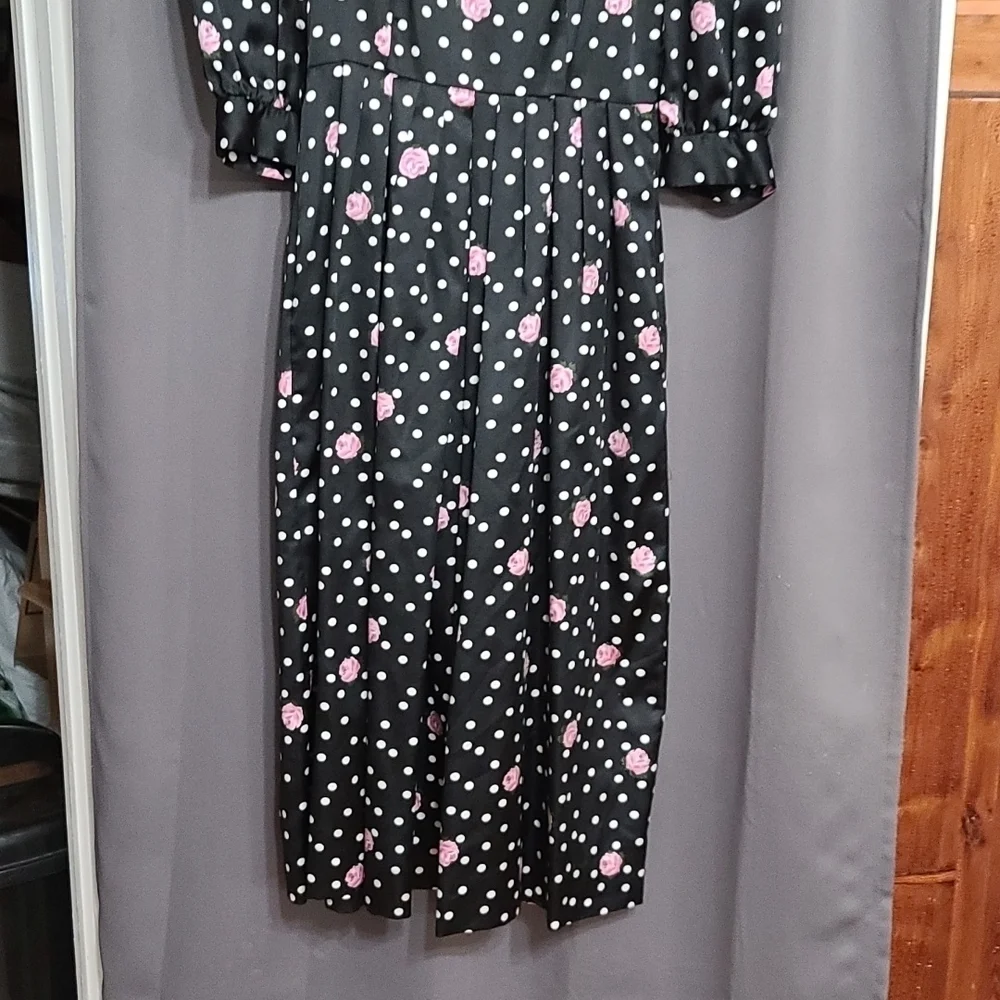 VTG‎ Petite Lanz USA Dress Black W/White Polka-dots/Pink Roses Pockets Sz 2 READ